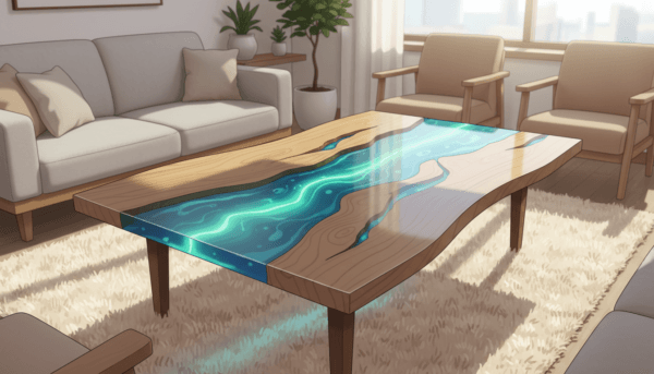 A beautifully crafted epoxy resin wood table is the focal point of this image, showcasing intricate wood grains and vibrant blue and green resin flowing through the cracks. The foreground features a polished tabletop, reflecting light subtly, demonstrating the depth of the resin. In the middle ground, a cozy, warmly lit living room setting enhances the table’s aesthetic, with a plush, neutral-colored rug and stylish, minimalistic furniture around it. The background reveals a softly blurred window with natural light streaming in, casting gentle shadows that emphasize the table's textures. The atmosphere is inviting and serene, perfect for a modern home. The image should be bright and well-lit, capturing the details of the materials, with a shallow depth of field to focus on the table.