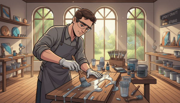 A beautifully designed workspace dedicated to epoxy resin finishing techniques. In the foreground, a skilled artisan is carefully applying a glossy epoxy finish to a wooden surface, wearing professional work attire. The middle layer features various tools and materials: brushes, mixing cups, and color pigments, all neatly arranged on a vibrant workbench. In the background, large windows allow natural light to flood the space, creating a bright and inviting atmosphere. The scene should capture the intricate details of the resin, showcasing its clarity and luster, while conveying a sense of professionalism and craftsmanship. Use a shallow depth of field to focus on the artisan's technique, ensuring the image feels immersive and inspiring.