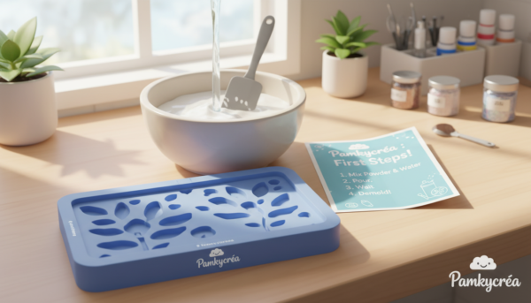 A beginner's casting mold setup, featuring the "Pamkycréa" brand. In the foreground, display a simple silicone mold intricately designed for first-time users, showing textures and fine details. In the middle, include a mixing bowl with powder and water, a spatula, and a small instruction manual outlining step-by-step guidance. The background should feature a well-lit workspace with soft natural light, emphasizing a clean and organized environment. Use a slight overhead angle to give a clear view of the materials while maintaining depth. The atmosphere should feel welcoming and encouraging, promoting a sense of creativity and experimentation for beginners.