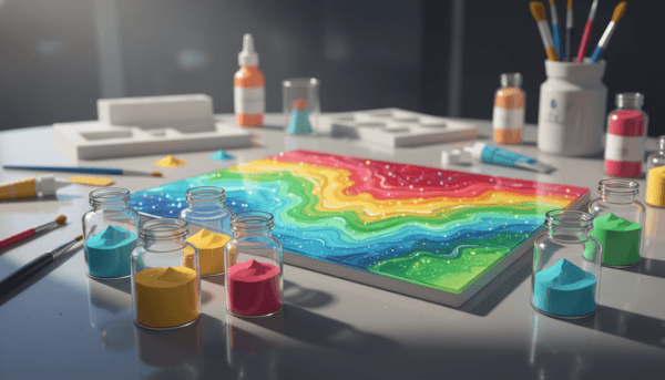 A captivating display of vibrant epoxy resin pigments arranged artfully on a sleek, glossy surface. In the foreground, a variety of colorful pigments like deep blues, bright yellows, and rich reds are encapsulated in small, clear glass containers, their reflections shimmering in the light. The middle ground showcases a half-finished resin art piece, swirls of color blending seamlessly into the clear epoxy, revealing a mesmerizing play of hues and effects. Soft, diffused lighting highlights the textures of the resin, casting gentle shadows that enhance the three-dimensional quality of the artwork. In the background, an abstract blurred landscape of art tools and materials suggests a creative workspace, evoking an inspiring atmosphere perfect for artistic exploration. The overall mood is vibrant and dynamic, inviting viewers to imagine their own artistic endeavors.