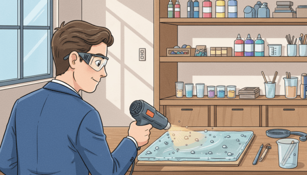 A clear and focused workspace showcasing the process of bubble elimination in epoxy resin. In the foreground, a person in professional business attire is gently using a heat gun over a freshly poured epoxy layer to remove bubbles, demonstrating careful technique. The middle ground displays a glossy, partially cured epoxy surface with visible air bubbles, highlighting the moment of intervention. In the background, shelves filled with tools and materials related to epoxy projects create a workshop ambiance. Soft, diffused lighting enhances the sheen of the epoxy while casting subtle shadows that convey depth. The atmosphere is professional and educational, capturing the meticulous nature of the task at hand.