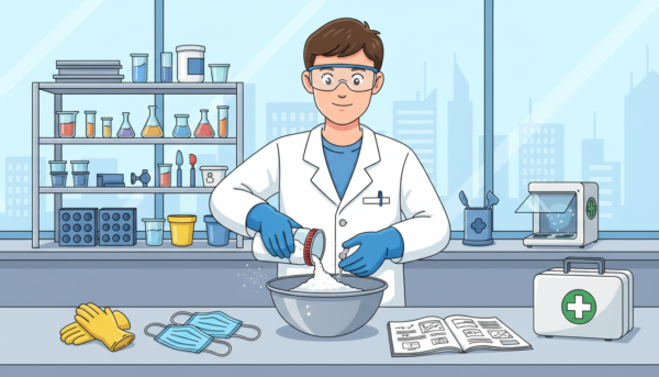 A clear, informative scene showcasing safety measures in handling molding powders. In the foreground, a professional wearing a lab coat and safety goggles meticulously pours a fine white powder from a secure container into a mixing bowl. The middle ground features an organized workspace with color-coded safety equipment, including gloves, masks, and a first aid kit, emphasizing precaution. In the background, a well-lit, clean laboratory environment with various tools and equipment related to molding processes enhances the setting. The lighting is bright and even, casting soft shadows to create a focused atmosphere. The overall mood conveys diligence and safety, with a subtle hint of innovation in the air. The image captures professionalism and attention to safety without any text or distractions.