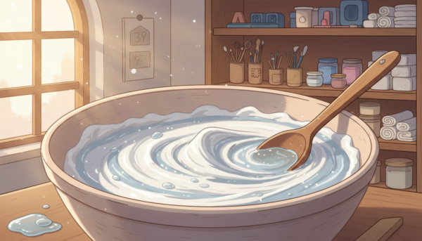 A close-up scene of a mixing bowl filled with a blend of fine powder and water, demonstrating the process of creating a mold mixture. In the foreground, a wooden spoon rests beside the bowl, with droplets of water glistening on its surface. The middle layer shows the swirling mixture, showcasing a smooth, creamy texture, with subtle sparks of light reflecting off the wet powder. In the background, a cozy workshop ambiance features shelves with various mold-making tools, soft natural light streaming through a nearby window, creating a warm and inviting atmosphere. The image captures the essence of crafting and the joy of creation, emphasizing a step-by-step approach to this artistic process.