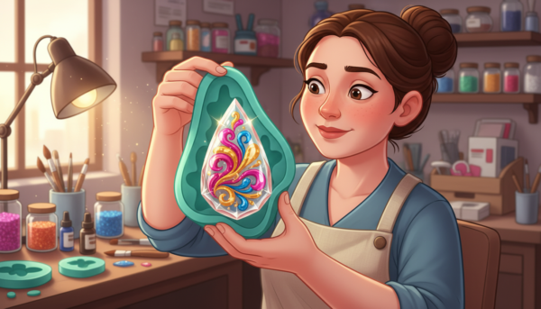 A close-up scene of a skilled artisan gently demolding a clear resin object, showcasing intricate details of the glossy surface reflecting light. The artisan, dressed in modest, professional clothing, carefully holds a silicone mold with a delicate touch, revealing the newly formed decorative piece, which has ornate patterns and vibrant colors. The background features a cluttered workshop filled with crafting tools and supplies, softly blurred to keep the focus on the artisan and the resin piece. The ambient lighting is warm and inviting, creating a serene atmosphere, while a shallow depth of field emphasizes the attention to the demolding process. The image captures the essence of precision and artistry in crafting decorative resin objects.