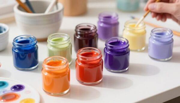 A close-up scene showcasing a variety of vibrant epoxy resin pigments displayed in small glass jars, placed on a clean, white workspace. The jars should be filled with different colors such as deep blues, bright oranges, rich purples, and soft pastels, glistening under bright natural light. In the background, a ceramic mixing cup and clean brushes hint at the creative process. The foreground should feature a palette with mixed colors and swirling patterns of resin. A warm, inviting atmosphere filled with the sense of creativity and artistry. The composition should have a shallow depth of field, focusing on the pigments to highlight their texture and shine, conveying the meticulous selection process essential for choosing the right colorants for epoxy resin projects.