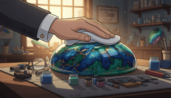 A close-up view of a beautifully finished epoxy resin piece, showcasing its glossy surface and vibrant colors. In the foreground, a hand in professional attire carefully polishes the resin object with a soft cloth, demonstrating the finishing technique. The middle ground features a well-organized workspace, with various polishing tools and supplies neatly arranged, reflecting professionalism and craftsmanship. The background hints at a softly lit workshop, with warm lighting enhancing the inviting atmosphere. The focus is clear, capturing the intricate details of the resin’s texture and sheen, while the overall mood conveys a sense of dedication and artistry in the crafting process.