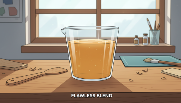 A close-up view of a perfectly blended, bubble-free resin mixture in a clear mixing cup, set against a smooth, wooden workbench. The foreground focuses on the translucent resin, showcasing its glossy surface reflecting the warm light. In the middle, a wooden spatula rests beside the cup, hinting at the mixing process. The background features soft natural lighting coming through a window, illuminating the workspace with a calming atmosphere. The image captures a sense of precision and craftsmanship, emphasizing the importance of proper blending techniques in achieving a flawless finish. The overall mood is serene and professional, highlighting the craftsmanship involved in creating a smooth, bubble-free resin.