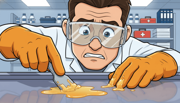A close-up view of a professional worker wearing safety gloves and goggles, demonstrating the proper handling of epoxy resin in a well-lit laboratory setting. The worker's face shows concern while inspecting a small spill on a workstation, with traces of resin visible on their gloves. In the background, organized shelves filled with safety materials and tools can be seen, illustrating a clean and safe working environment. The lighting is bright and clear, highlighting the glossy texture of the resin and the worker's focused expression, creating an atmosphere of vigilance and safety awareness. The angle is slightly tilted downwards, drawing attention to the worker's hands and the materials, ensuring the image conveys the importance of safety precautions when dealing with epoxy resin.