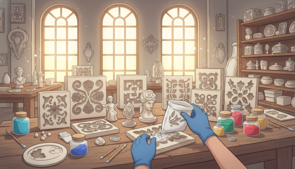 A collection of beautifully crafted decorative molds displayed on a rustic wooden workbench, showcasing various shapes and sizes such as floral patterns, geometric designs, and intricate sculptures. In the foreground, a pair of gloved hands gently pours molding powder into an open mold, with small tools and vibrant colors of pigments scattered around for a creative touch. The middle ground features a bright and airy workshop, filled with natural sunlight streaming through large windows, illuminating the intricacies of the molds. In the background, shelves lined with finished decorative objects and additional molds add depth. The scene conveys a professional and artistic atmosphere, inspiring creativity and craftsmanship, captured with a soft focus lens to enhance the warm, inviting mood.