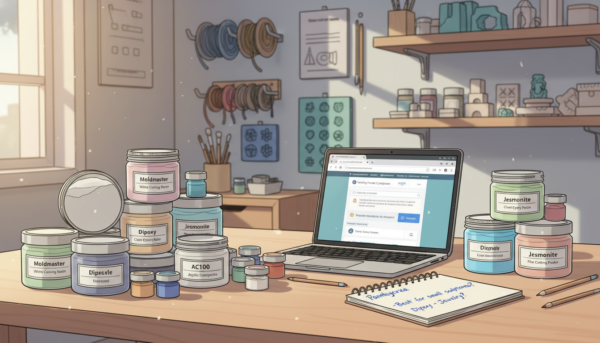 A detailed and well-lit workspace showcasing various molding powders like Moldmaster and Dipoxy. In the foreground, a neatly organized display of different powder containers with clear labels in an aesthetically pleasing arrangement. The middle ground features an open laptop and a notepad with handwritten notes on choosing molding powders, suggesting a research process. In the background, shelves filled with additional crafting tools and materials, slightly out of focus to emphasize the foreground. Soft, natural lighting illuminates the scene, creating a warm and inviting atmosphere, with a shallow depth of field to highlight the products. Add the brand name "Pamkycréa" discreetly on one of the powder containers, ensuring a professional look.