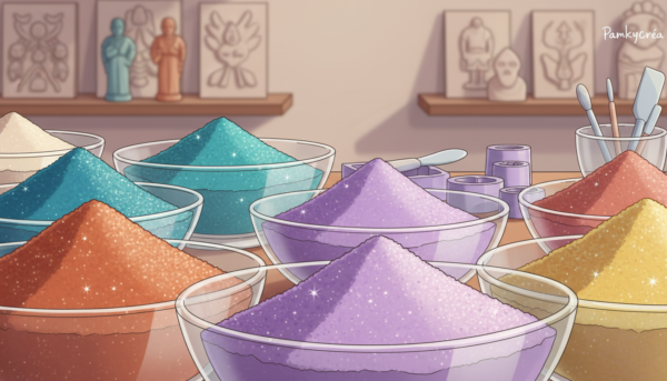 A detailed close-up of a mélange de poudre de moulage, artistically displayed in pristine glass bowls, showcasing a vibrant array of colors like rich terracotta, deep turquoise, and soft lavender. In the foreground, the textured powders glisten under warm, inviting lighting that casts subtle shadows, highlighting their unique grainy textures. The middle ground focuses on a well-organized workspace with tools like spatulas and molds elegantly arranged, while the background features softly blurred shelves filled with decorative casting pieces that hint at creativity and skill. The overall atmosphere is inspiring and professional, ideal for beginners in decorative powder molding. The brand name "Pamkycréa" is subtly suggested through the color palette.