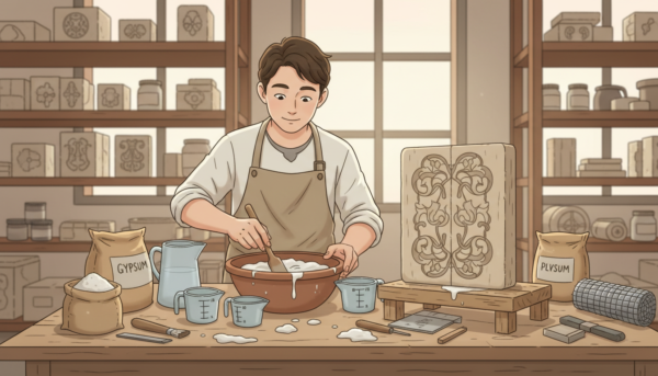 A detailed step-by-step illustration of creating a plaster mold, showcasing a workbench cluttered with tools and materials. In the foreground, depict a professional artisan wearing an apron, carefully mixing plaster in a bowl, surrounded by measuring cups and a spatula. In the middle ground, show a half-finished mold resting on the table, with a delicate decorative design carved into its surface. The background should feature shelves stocked with different plaster powders and various molds. Soft, natural lighting illuminates the scene, casting gentle shadows, while a shallow depth of field focuses on the artisan’s hands and the mold, creating an inviting and educational atmosphere that highlights the craftsmanship involved in this intricate process.