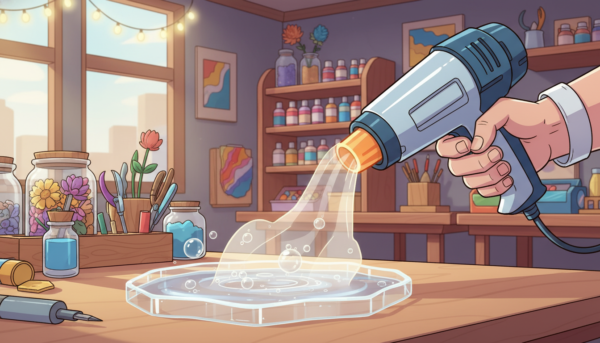 A hand holding a professional heat gun over a clear resin coaster mold, warm air blowing on bubbles, craft workshop setting, soft lighting, 4k resolution.