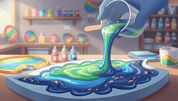 A mesmerizing close-up of vibrant epoxy resin pouring into a decorative mold, showcasing a vivid color palette of blues, greens, and sparkling golds. In the foreground, the resin glistens under warm, natural light, highlighting the intricate patterns forming as it settles into the mold. The middle ground features various tools for crafting, including a mixing stick and gloved hands carefully guiding the resin, ensuring a professional and focused atmosphere. In the background, a softly blurred workspace reveals shelves lined with artistic supplies and finished resin art pieces. The image embodies a creative, inviting mood, suggesting the joy of making beautiful decorative objects. Illuminate the scene with soft, diffused lighting to enhance the translucence of the resin and create an inviting ambiance.