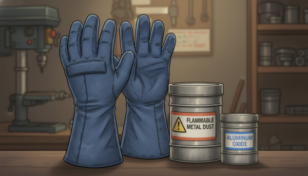 A pair of long protective gloves reaching up to the forearms, placed next to metallic powder containers, workshop setting, realistic texture.