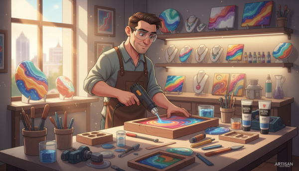 A professional artisan in a bright workshop, teaching advanced resin epoxy techniques, organized tools, high-quality resin samples on display, realistic style, 4k.