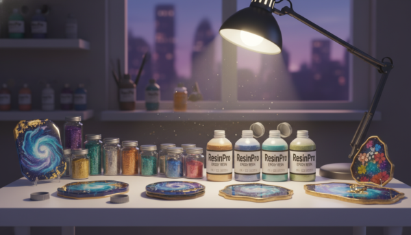 A professional artisan workspace with bottles of ResinPro epoxy resin, vibrant metallic pigments in jars, and crystal clear finished resin objects on a clean white desk, cinematic lighting, 4k.