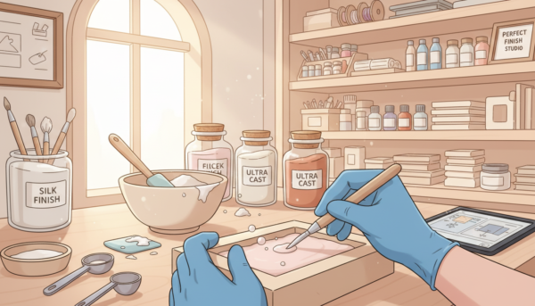 A professional workspace featuring an expert carefully eliminating air bubbles from a freshly applied layer of molding powder. In the foreground, a pair of hands equipped with a small, precise tool delicately smooths the surface of the powder. The middle layer showcases a bright workspace with tools scattered around, including a mixing bowl, a spatula, and various textures of molding powder in elegant containers. The background features soft shelves with neatly organized crafting supplies, illuminated by warm, natural light coming through a nearby window. The atmosphere conveys a sense of meticulous craftsmanship and dedication to achieving a flawless finish, enhancing the theme of professional results in decorative molding techniques.