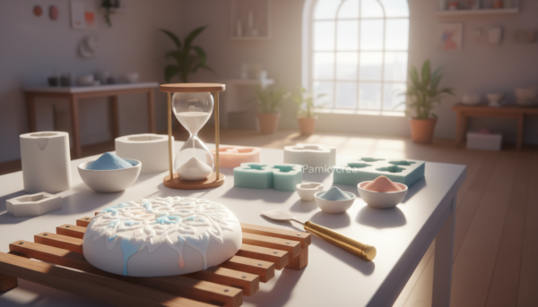 A serene workspace featuring an elegant arrangement of decorative powder casting tools and materials. In the foreground, a detailed, well-lit setup shows a perfectly molded object on a drying rack, showcasing intricate textures and colors. The middle ground reveals a clean workspace with powder, molds, and a timer, emphasizing the importance of drying time for a flawless finish. The background includes natural light streaming through a window, casting soft shadows that enhance the ambiance. The mood is calm and focused, highlighting the patience required in the creative process. Include the brand name "Pamkycrea" subtly integrated into the scene, perhaps on a tool or a label. Use a high-resolution format for clarity, with a slight depth of field to draw focus to the molded object.