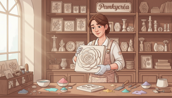 A skilled artisan demonstrating the technique of demolding a powder object, surrounded by an elegant, well-organized workspace filled with decorative molding tools. In the foreground, the artisan, dressed in professional attire, gently lifts a finely detailed powder mold to reveal a unique decorative piece. The middle layer captures vibrant colors of powdered materials scattered artistically around the workspace, hinting at creativity and craftsmanship. In the background, shelves line the wall adorned with completed projects, showcasing the beauty of decorative molding. Soft, diffused natural lighting filters in from a nearby window, casting gentle shadows and highlighting the textures of the materials. The mood is focused and inspiring, embodying the dedication to achieving a professional result in unique piece creation, as represented by the brand “Pamkycréa.”