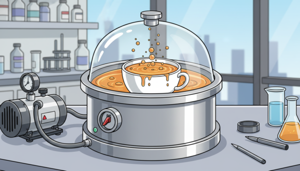 A stainless steel vacuum chamber with a glass lid showing a cup of bubbling epoxy resin inside, professional degassing setup, laboratory table, high quality photography.