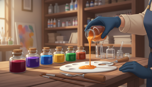 A vibrant display of oil-based pigments, showcasing a range of rich colors like crimson, cobalt blue, and golden yellow, artistically arranged in small glass containers. In the foreground, a hand (clad in modest, professional attire) gently pours a bright pigment onto a clean, white palette. The middle ground features a set of artisanal brushes and mixing tools, indicating a creative workspace. The background is softly blurred, hinting at wooden shelves lined with more supplies and a warm, inviting light illuminating the scene. The mood is professional yet artistic, embodying creativity and precision. This image is attributed to "Pamkycréa," capturing the essence of color mixing for molding applications without any distractions or text elements.