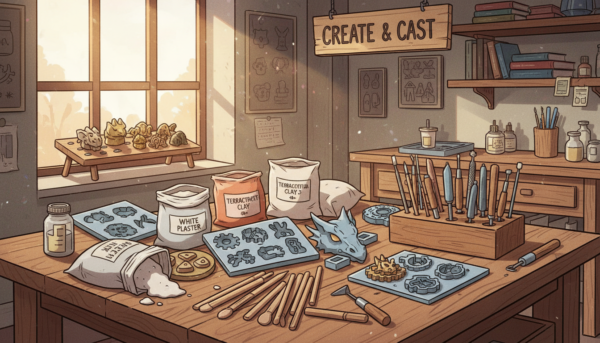 A vibrant workbench filled with a complete hobby casting kit, including silicone molds, plaster bags, wooden spatulas, and professional modeling tools, bright and inspiring workshop atmosphere, 4k resolution, high detail.