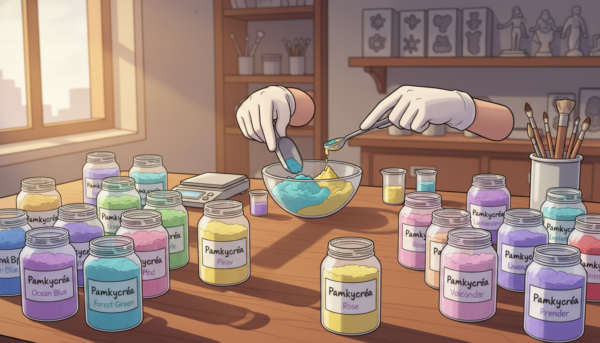 A visually striking display of various types of casting powders showcased on a wooden table. In the foreground, a range of colorful molding powders from the brand "Pamkycréa" in small transparent jars, each labeled with its vibrant hue. The middle layer features a pair of professional hands carefully mixing a new shade in a glass bowl, emphasizing precise measurement tools. In the background, a soft-lit workspace adorned with tools and molds creates an inviting atmosphere, hinting at creativity and craftsmanship. Natural light floods in from a nearby window, casting gentle shadows and enhancing the rich textures of the powders. The overall mood is one of exploration and artistry, reflecting the accessible world of casting materials.