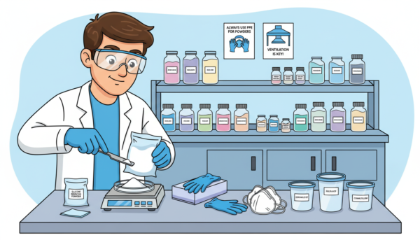 A well-lit laboratory environment with a focus on safe powder handling. In the foreground, a professional wearing a lab coat and safety goggles carefully measures fine molding powders using precise weighing scales. The middle ground features an organized workspace with safety equipment, including gloves, masks, and clear storage containers, arranged neatly. In the background, shelves display various labeled jars of powders and safety posters emphasizing proper handling procedures. The scene is illuminated with bright, even lighting to highlight cleanliness and safety. The mood is serious and focused, conveying the importance of safety in powder manipulation. Use a slightly elevated angle to capture both the subject and the workspace, creating an informative and professional atmosphere.