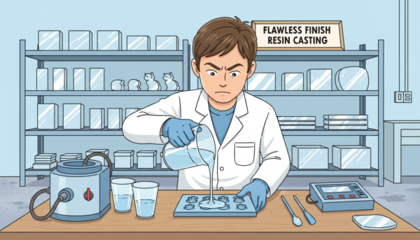 A well-lit workshop scene showcasing the professional technique of bubble-free resin casting. In the foreground, a skilled worker wearing a lab coat and gloves meticulously pours a crystal-clear resin into a silicone mold, focused and precise. In the middle ground, various tools and equipment are neatly organized on a workbench, including mixing containers, a thermometer, and a vacuum chamber, subtly highlighting the professional setting. The background features shelves lined with finished resin molds, showcasing smooth, glossy surfaces that reflect the soft industrial lighting. The atmosphere is clean and vibrant, with a sense of expertise and calm concentration, emphasizing the importance of careful technique in achieving a flawless finish. Soft shadows enhance the depth, captured from an eye-level angle to reveal the details of the process.