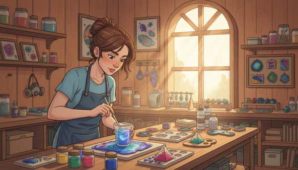 A well-organized artisan workshop featuring a variety of resin crafting tools and beautifully cast resin creations. In the foreground, a skilled artisan in modest casual clothing focuses intently on mixing vibrant epoxy resin in a clear cup beside an array of colorful pigments. The middle ground showcases an organized workbench with partially finished resin pieces, molds, and safety equipment, exuding a sense of creativity and diligence. In the background, bright natural light filters through a window, illuminating the workshop's warm wood tones and creating a welcoming atmosphere. Soft shadows dance on the walls, enhancing the mood of inspiration and dedication. The composition is captured from a slightly elevated angle, providing a dynamic view of the crafting process while emphasizing the artisan's commitment to their work.