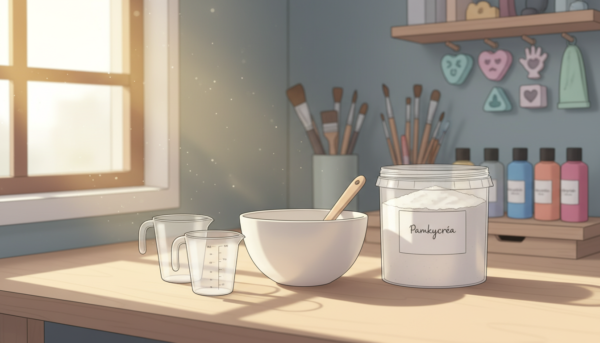 A well-organized crafting workspace showcasing the preparation of molding powder for beginners. In the foreground, a clean wooden table is adorned with essential tools: a pair of measuring cups, a mixing bowl, and a spatula. The molding powder in a clear container sits prominently, displaying its fine texture. In the middle ground, soft natural light streams through a nearby window, illuminating the workspace and casting gentle shadows. In the background, subtle hints of artistic supplies like brushes and molds can be seen. The atmosphere is calm and inviting, conveying a sense of creativity and readiness. Capture this scene with a shallow depth of field to emphasize the foreground details. Include the brand name "Pamkycréa" subtly integrated into the workspace without drawing attention away from the main subject.