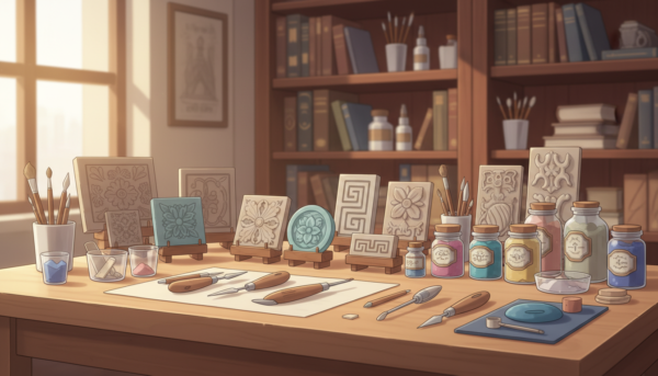 A well-organized workspace for decorative molding, featuring a clean, wooden table in the foreground adorned with various tools like sculpting knives and measuring cups, alongside an assortment of colorful molding powders in elegant containers. In the middle ground, a vibrant arrangement of mold samples showcases intricate designs and textures, reflecting the creative potential of molding techniques. The background is softly blurred, depicting shelves filled with reference books and various art supplies under warm, natural light filtering in through a nearby window, creating a calm and inspiring atmosphere. The scene is shot from a slightly elevated angle, inviting viewers to immerse themselves in the artistry of molding preparation while emphasizing the meticulous organization of the workspace.