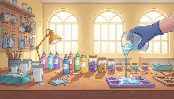 A well-organized workspace for epoxy resin art, featuring a large wooden table filled with essential tools like mixing cups, gloves, and vibrant colors of resin. In the foreground, clear, glossy epoxy resin is being poured into a mold shaped like a star, capturing reflections of light. The middle ground showcases jars of glitter and decorative items scattered around, while in the background, a bright, airy room with large windows lets in natural light, enhancing the creative atmosphere. The setting is inviting and inspiring, with a focus on safety equipment like goggles and masks visible, emphasizing a professional and secure environment for crafting. The mood is uplifting and creative, with soft, warm lighting casting gentle shadows across the workspace.