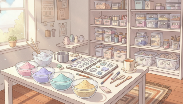 A well-organized workspace for preparation, depicting an artist’s table neatly arranged with various materials for decorative object creation using molding powder. In the foreground, display bowls of colorful molding powders, mixing tools, and a measuring cup, all illuminated with soft, natural light from a nearby window. In the middle ground, show an open notebook filled with sketches and ideas, and a pair of hands in modest casual clothing, carefully measuring powder. In the background, shelves filled with organized containers of crafting supplies add depth, while a soothing, creative atmosphere fills the scene. The overall mood should be inspiring and inviting, encouraging creativity and preparation in a cozy, artistic environment.