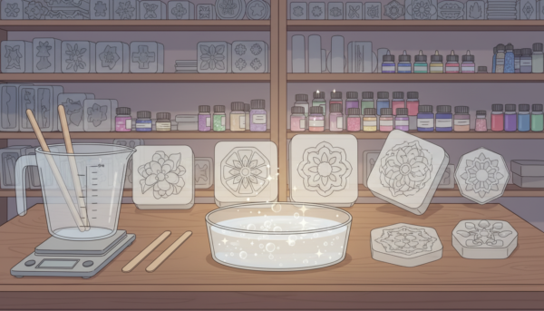 A well-organized workspace showcasing the preparation of epoxy resin molds. In the foreground, a wooden table displays essential tools: a mixing cup, stirring sticks, and a scale, all positioned neatly. A freshly mixed, sparkling clear epoxy resin sits in the center, with bubbles visible. In the middle ground, partially demolded decorative pieces reveal intricate designs, glistening under soft, warm lighting. The background features shelves filled with various molds and colored pigments, hinting at creativity. The overall ambiance is one of focused craftsmanship, exuding an atmosphere of anticipation and care, captured from a slight overhead angle with a shallow depth of field to emphasize the foreground details.