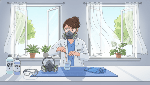 A well-ventilated workspace for epoxy resin manipulation, featuring a clean, spacious table with protective gear laid out: gloves, goggles, and a respirator mask neatly arranged. In the foreground, a bottle of resin and a mixing cup shine under the soft, diffused daylight streaming in from a nearby window. In the middle, a person in professional attire, focused and methodical, is preparing their materials while ensuring safety measures are followed. The background displays open windows with sheer curtains fluttering gently, allowing fresh air to circulate, and potted plants that add a touch of greenery. The overall atmosphere is bright and calm, promoting safety and organization, with a shallow depth of field emphasizing the workspace.