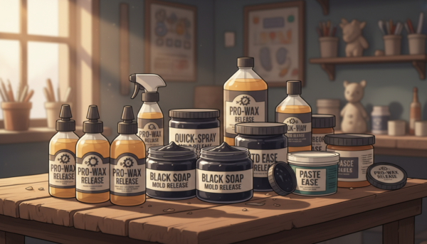 A wide variety of professional mold release agents, including liquid wax bottles and jars of soft black soap, arranged on a rustic wooden craft table with soft natural lighting.