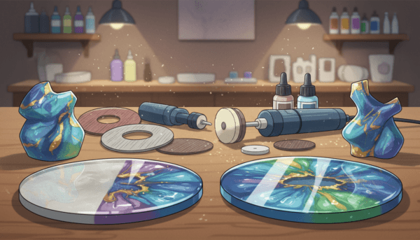 An artistic depiction of epoxy resin in various stages of the finishing process, set as the main foreground. Showcase smooth, glistening surfaces of colorful epoxy objects—like coasters and small sculptures—reflecting light exquisitely. In the middle ground, tools for polishing and finishing, such as sandpaper and polishing pads, are arranged neatly, hinting at the techniques used for achieving a brilliant, glossy finish. The background features a softly blurred workshop environment with warm lighting, creating a cozy and professional atmosphere. Use a macro lens perspective to capture the intricate details and textures of the resin, while ensuring the scene radiates a sense of craftsmanship and creativity.