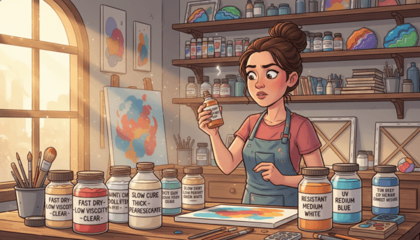 An artistic workspace featuring a selection of epoxy resins displayed on a wooden tabletop, each jar labeled with different characteristics like drying time, viscosity, and color options. In the foreground, a professional artist in modest casual clothing examines the resins with a thoughtful expression. The middle ground showcases the jars arranged neatly, with brushes and mixing tools beside them. The background features shelves filled with art supplies and vibrant artwork, creating an inspiring atmosphere. Soft, natural lighting pours in from a nearby window, casting gentle shadows. The overall mood is focused and creative, emphasizing the importance of choosing the right epoxy resin for artistic projects.