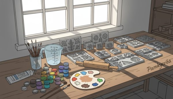 An organized workspace featuring essential decorative molding tools, such as various-sized molds, a high-quality silicone mixing material, precision scalpel, and crafting brushes. In the foreground, showcase vibrant, colorful pigments and a well-used palette, highlighting creativity. The middle section should include neatly arranged molds in different shapes and sizes with a measuring cup and a rolling pin prominently displayed, demonstrating versatility. In the background, soft natural light streams through a window, casting gentle shadows on a wooden table, creating a calm and inviting atmosphere. The brand name "Pamkycréa" subtly integrated into the right corner. The focus should be sharp, captured from a slightly elevated angle for a comprehensive view, evoking inspiration and creativity in decorative molding.