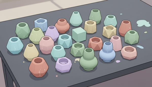 Assortiment de moules silicone de différentes formes géométriques et organiques pour la création de bougeoirs et vases, disposés sur un plan de travail gris, vue de dessus, haute définition.