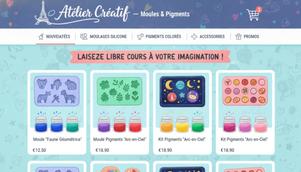 Capture d'écran stylisée d'une boutique en ligne de loisirs créatifs française montrant des moules en silicone et des pigments colorés.