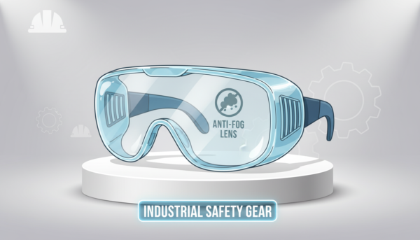 Clear professional safety goggles with side protection, anti-fog lens, studio lighting on a neutral background.