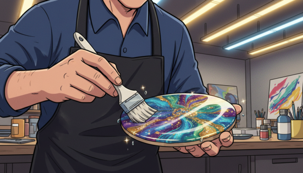 Close-up of a creative hand applying a glossy UV-protective varnish on a colorful decorative epoxy resin coaster using a professional soft foam brush, bright craft studio lighting, 4k resolution.