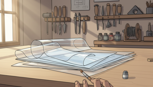 Close-up of transparent Terphane film sheets neatly arranged on a clean wooden workshop table, reflecting soft natural light, with sculpting tools in the background, professional photography, high resolution.