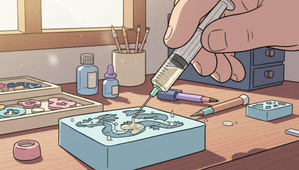 Close-up photo of a hand using a precision plastic syringe to inject clear epoxy resin into a detailed miniature silicone mold, workshop background, bright natural lighting.