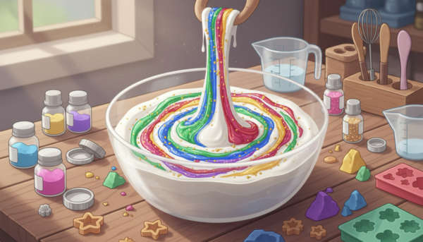 Close-up photo of vibrant colorful pigments and shiny gold glitters being mixed into a smooth white liquid molding base on a wooden craft table, high quality, soft natural lighting.