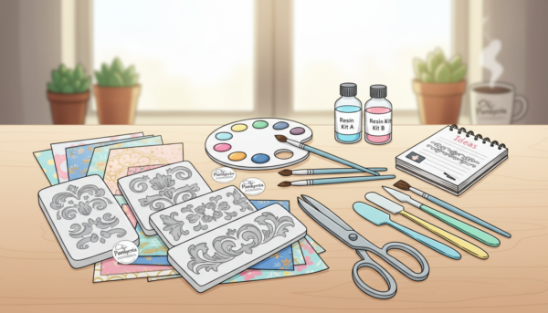 Create a vibrant flat lay image showcasing a variety of creative tools and accessories for decorative molding. In the foreground, display an assortment of high-quality silicone molds, colorful craft papers, and various tools like scissors and spatulas. In the middle ground, include essential items such as a palette of acrylic paints, resin kits, and fine brushes, neatly organized. The background should feature a soft, bright workspace with natural light illuminating the scene, enhancing the colors of the materials. Arrange these elements in a way that conveys a sense of creativity and organization. Emphasize the brand "Pamkycréa" subtly among the tools. The overall mood should feel inspiring and inviting, perfect for aspiring creators. Use a shallow depth of field to keep the focus on the tools, creating a warm atmosphere suitable for crafting.