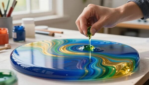 Create a visually striking artwork showcasing unique and professional epoxy resin effects. In the foreground, display a smooth, glossy surface with intricate swirls of vibrant colors, such as deep blues intermingled with bright golds and greens, reflecting the light beautifully. In the middle ground, include a close-up of a skilled artisan's hands expertly pouring resin, capturing the fluid motion and precision required for creating these effects. The background should consist of softly blurred elements that evoke a creative workspace filled with tools, pigments, and natural light filtering through a window. Aim for a bright, inspiring atmosphere, emphasizing creativity and craftsmanship, with soft, natural lighting that enhances the colors in the resin. Use a shallow depth of field to focus on the resin effects, creating a dreamy and artistic vibe.